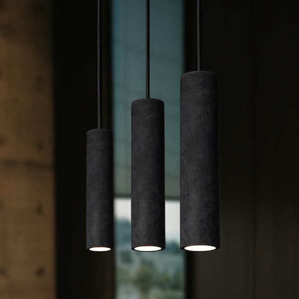 Modern Dark Gray Concrete Cylinder Pendant Light | Hanging Pendant Ceiling Light | Industrial Single Pendant Lamp | CoWooDesign