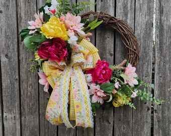 Pink Dahlia & Yellow Peony Wreath: Spring Floral Grapevine Decor