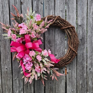 Pink Floral Wreath/Summer Grapevine Wreath for Front Door/Farmhouse Grapevine Wreath/Pink Garden Wreath