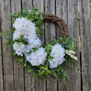 White Hydrangea Wreath, Hydrangea Grapevine with Cascading Greenery, Spring Summer, Year-round Mantel