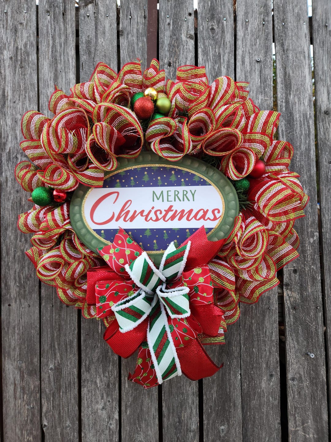 Merry Christmas Wreath for Front Door, Red & Green Holiday Deco Mesh ...