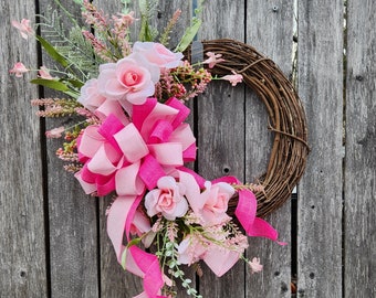 Pink Rose Wreath/Summer Grapevine Wreath for Front Door/Mother's Day Wreath/Easter Wreath/Farmhouse Grapevine Wreath/Pink Garden Wreath