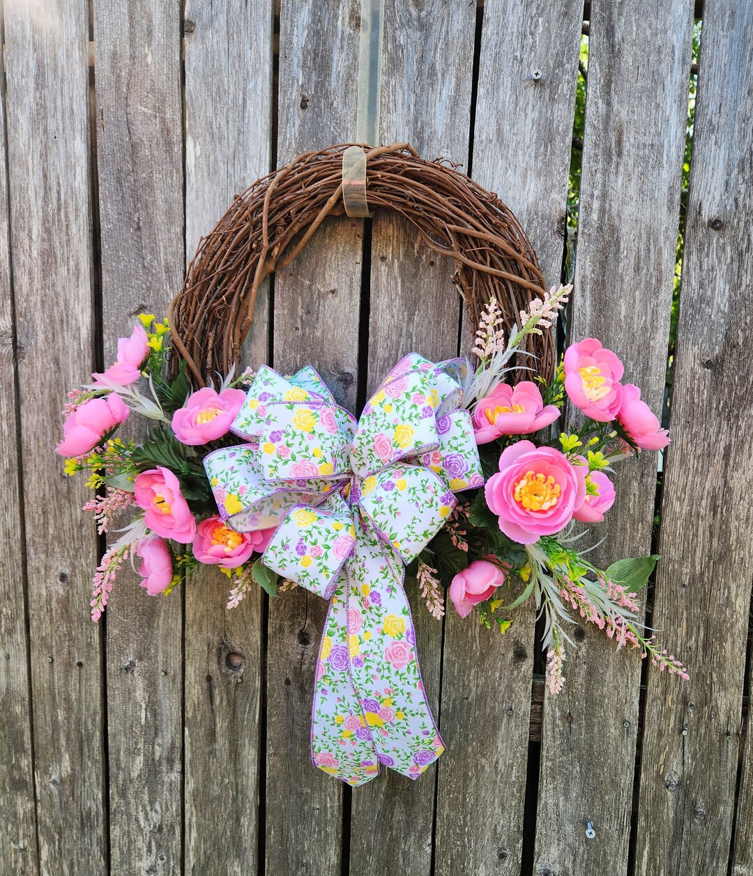 Pink Ranunculus Grapevine Wreath: Summer Country Floral With Bow - Etsy