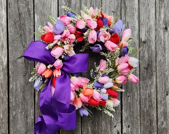 Pink Tulip Wreath/Spring Wreath for Front Door Wreath/Mother's Day/Purple Easter Wreath/Purple Tulip Floral