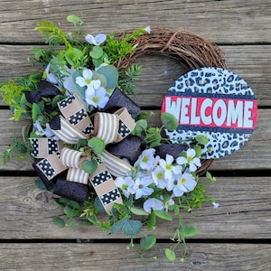 Animal Print Welcome Wreath: White Floral Grapevine Decor