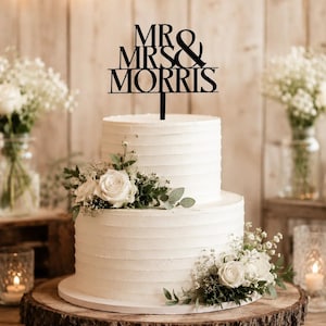 Personalised Wedding Cake Topper, Custom Mr & Mrs Surname Topper, 3D Printed Rustic Wedding or Engagement Cake Decor image 1