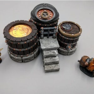 May include: A miniature set of three wooden barrels with metal accents, one with a golden liquid inside, and two dwarves figurines. The barrels are on a stone platform with steps leading up to a metal railing.