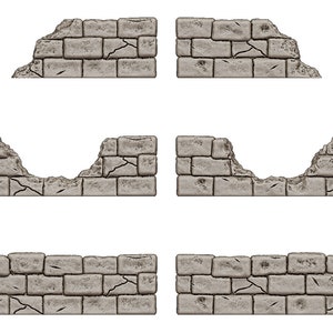 May include: Set of six grey stone wall and pillar miniature pieces for tabletop gaming or model building. The set includes three different wall sections, two with a gap and one intact, and three matching pillars.
