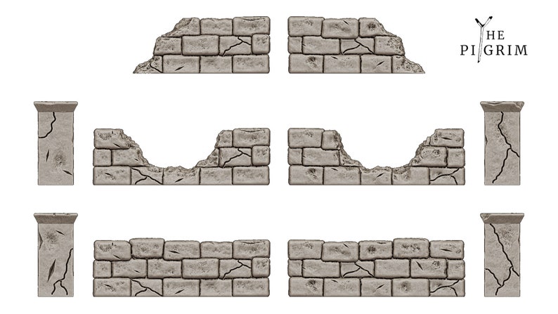 May include: Set of six grey stone wall and pillar miniature pieces for tabletop gaming or model building. The set includes three different wall sections, two with a gap and one intact, and three matching pillars.