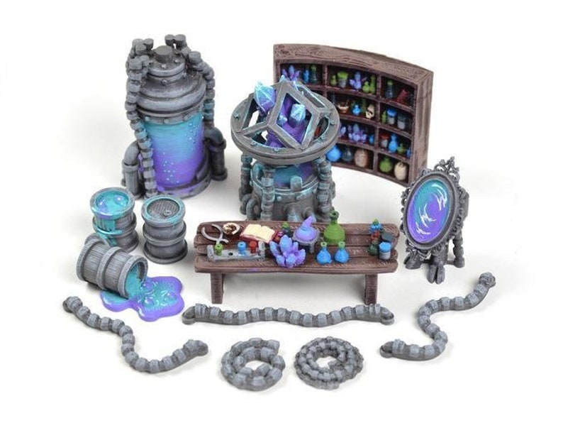 May include: A miniature tabletop set for a fantasy role-playing game, featuring a purple and blue potion brewing station, a wooden table with potion bottles, a mirror, and a shelf with potion bottles.