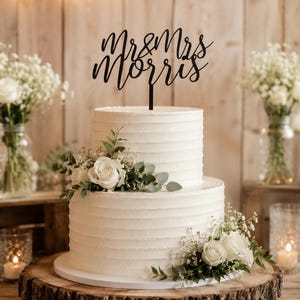 Personalised Script Wedding Cake Topper | Mr & Mrs Cake Topper | Custom Surname Wedding Topper | Rustic Wedding Decor image 1