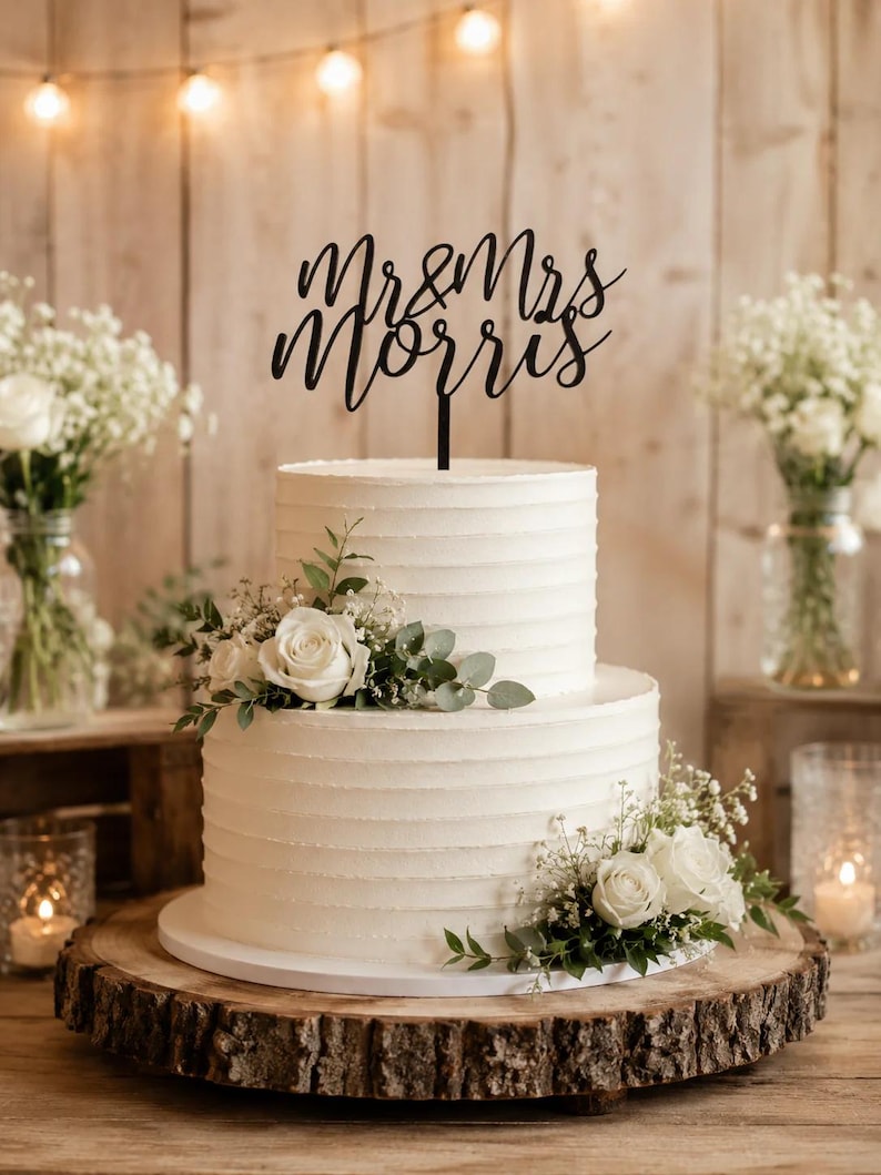 Personalised Script Wedding Cake Topper | Mr & Mrs Cake Topper | Custom Surname Wedding Topper | Rustic Wedding Decor image 1