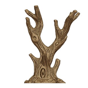 May include: A brown wooden tree branch stand with a textured surface. The stand has multiple branches and a base.