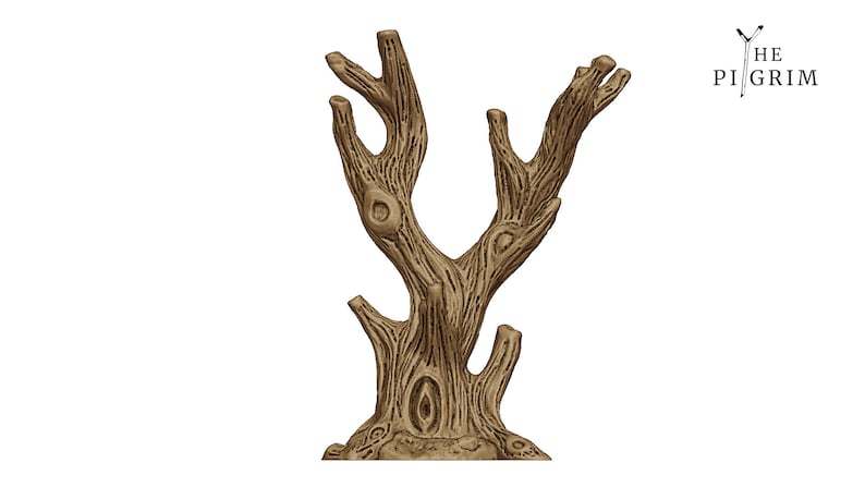 May include: A brown wooden tree branch stand with a textured surface. The stand has multiple branches and a base.