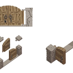May include: A wooden gate with a stone frame and a metal lock and chain. The gate is open and the two halves are hinged on the left side. The gate is made of rough-hewn planks and has a rustic appearance.