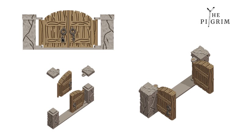 May include: A wooden gate with a stone frame and a metal lock and chain. The gate is open and the two halves are hinged on the left side. The gate is made of rough-hewn planks and has a rustic appearance.