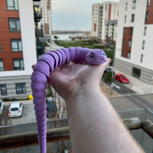 May include: A purple, segmented, bendable toy snake with a face and blue eyes. The snake is being held by a hand in front of a city skyline.