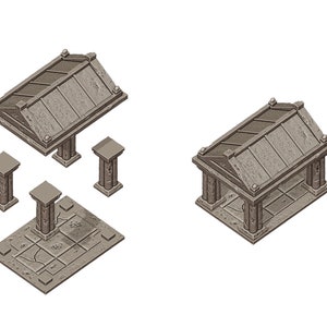 May include: A disassembled model of a stone temple with a roof, four pillars, and a square base. The temple is made of grey and brown plastic.