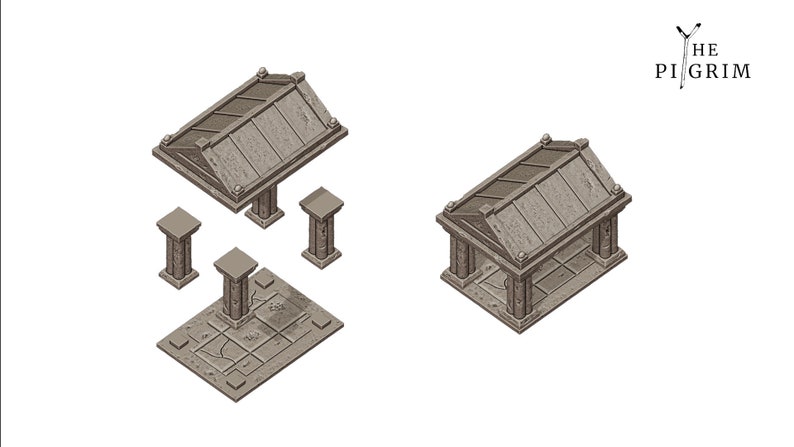 May include: A disassembled model of a stone temple with a roof, four pillars, and a square base. The temple is made of grey and brown plastic.