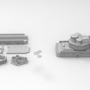 May include: A 3D printed model of a barge with a crane, disassembled into multiple pieces. The pieces are arranged on a white surface. The model is made of gray plastic.