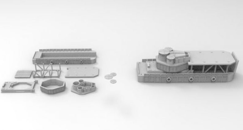 May include: A 3D printed model of a barge with a crane, disassembled into multiple pieces. The pieces are arranged on a white surface. The model is made of gray plastic.