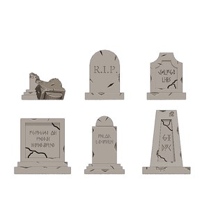 May include: Set of seven grey stone tombstones with various inscriptions, including "R.I.P." and "VALGE LIIBS".
