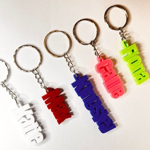 Op de afbeelding: Zes kleurrijke sleutelhangers met verschillende namen. De namen zijn: "Katie", "Mary", "Kristy", "Callie", "Fiona". De sleutelhangers zijn gemaakt van plastic en hebben een zilveren metalen ring.
