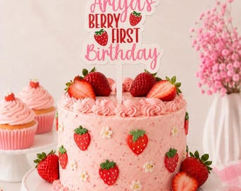 Personalised Berry First Birthday Cake Topper, Custom Name & Age, Strawberry 1st Birthday Party Decoration