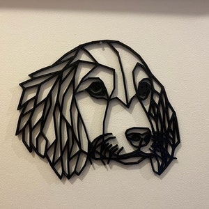 May include: Black geometric silhouette of a dog's head, with a stylised design of the fur and facial features.