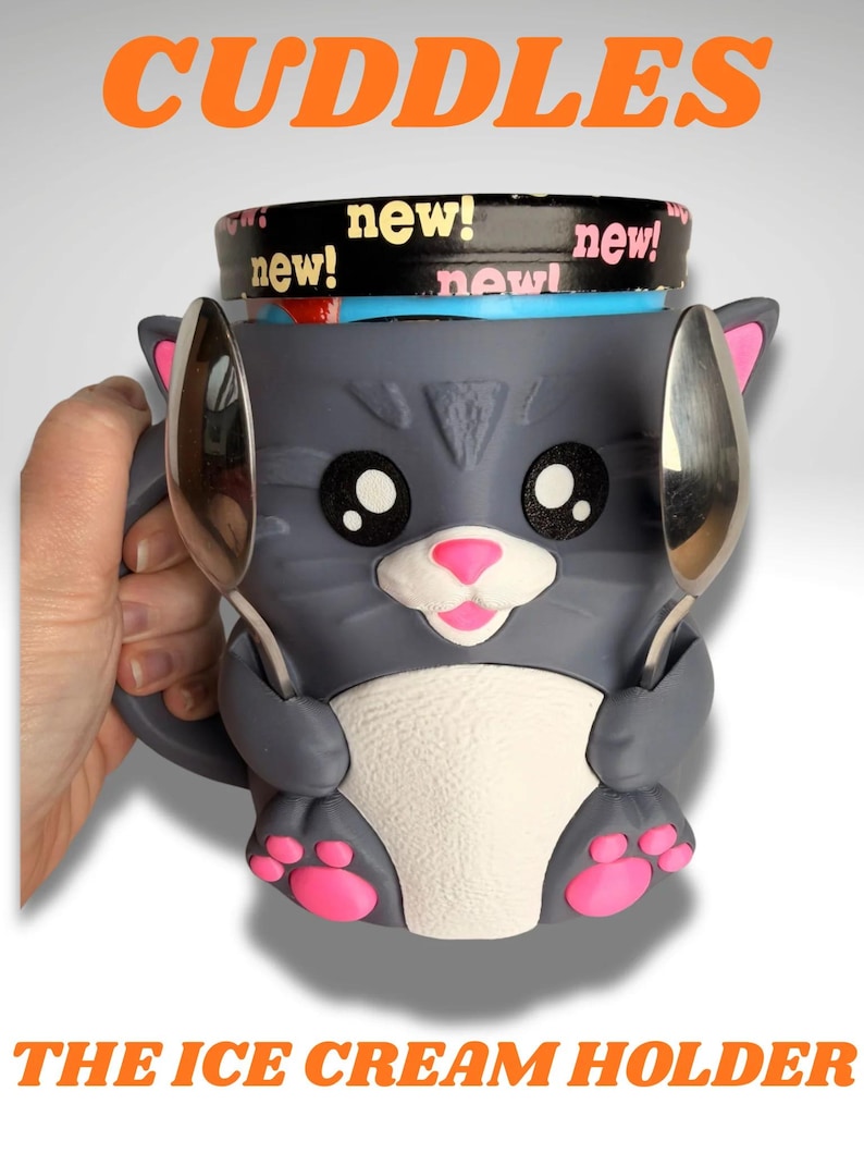 Cuddles the Cat Ice Cream Holder - 3D Printed Cute Ice Pint Holder image 1