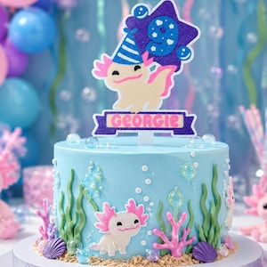 Personalisierte Axolotl Geburtstagskuchendekoration, Name & Alter, Niedliches Axolotl Geburtstagsparty Dekoration Bild 1