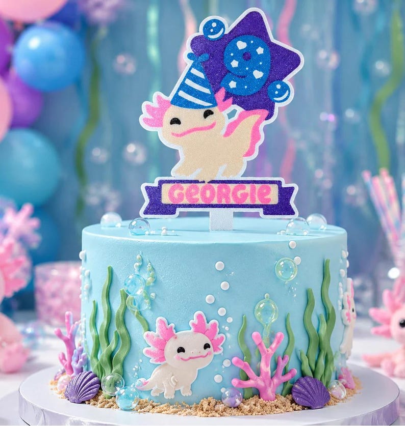 Personalisierte Axolotl Geburtstagskuchendekoration, Name & Alter, Niedliches Axolotl Geburtstagsparty Dekoration Bild 1