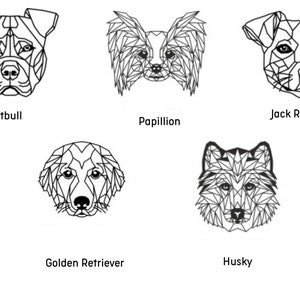 May include: Black and white geometric illustrations of different dog breeds, including a Pitbull, Papillion, Jack Russell, Golden Retriever, and Husky.