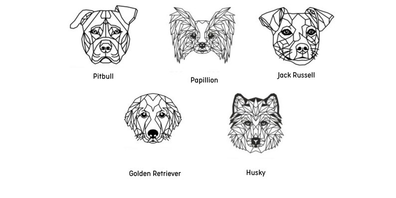 May include: Black and white geometric illustrations of different dog breeds, including a Pitbull, Papillion, Jack Russell, Golden Retriever, and Husky.