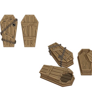 May include: Five wooden coffins in various states of repair. Some are closed, some are open, and some are chained shut. The coffins are all made of brown wood and have a rustic appearance.