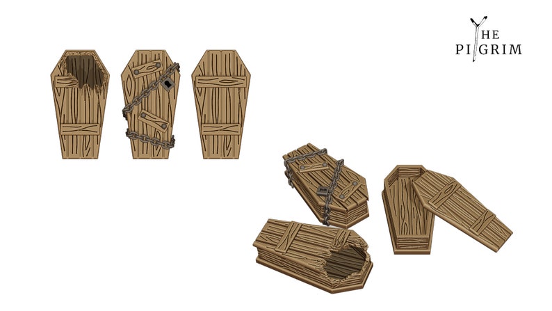 May include: Five wooden coffins in various states of repair. Some are closed, some are open, and some are chained shut. The coffins are all made of brown wood and have a rustic appearance.