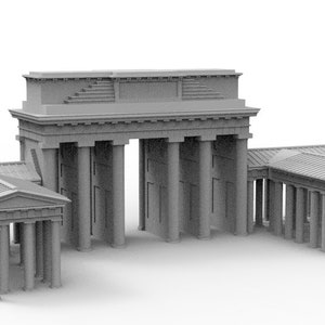 May include: A gray model of a large, ornate archway with columns and a decorative top. The archway is flanked by two smaller, similar structures.