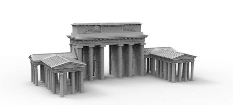 May include: A gray model of a large, ornate archway with columns and a decorative top. The archway is flanked by two smaller, similar structures.