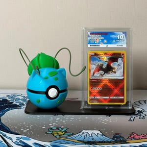 Bulbasaur Character Ball with display stand for slabs/toploaded/sleeved trading cards image 1