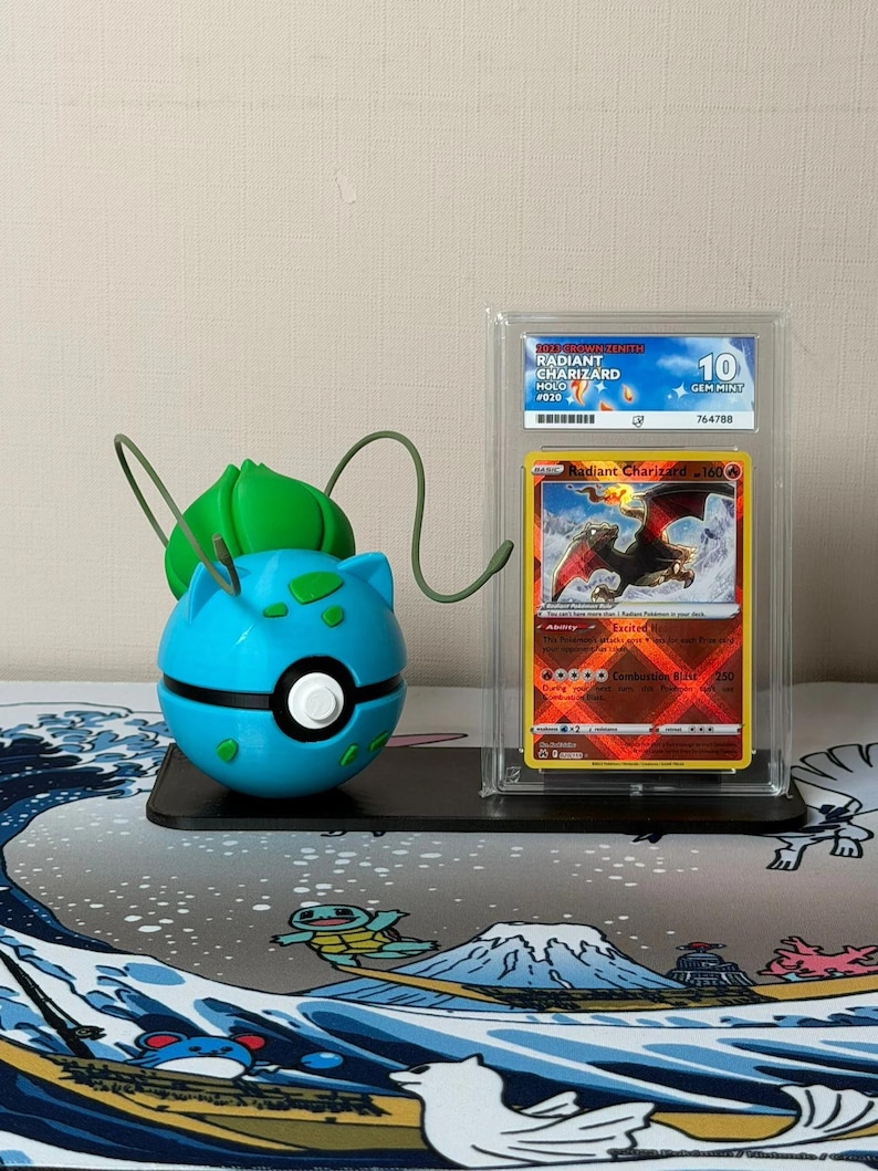 Bulbasaur Character Ball with display stand for slabs/toploaded/sleeved trading cards image 1