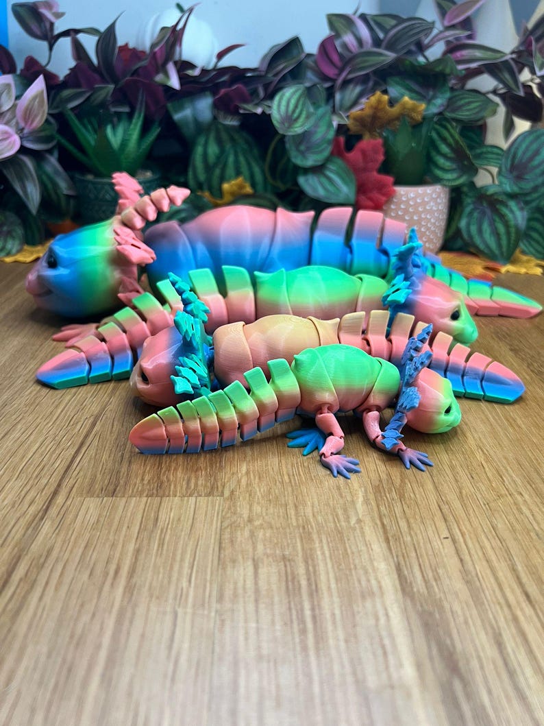 May include: Four colorful, segmented, articulated axolotl figurines. The axolotls are arranged in a line, with the largest at the back and the smallest at the front. The axolotls are painted in shades of pink, blue, green, and yellow.