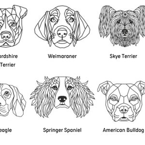 May include: A digital illustration of 10 different dog breeds, each with a geometric design. The breeds are Yorkshire Terrier, Staffordshire Bull Terrier, Weimaraner, Skye Terrier, Cocker Spaniel, Border Collie, Beagle, Springer Spaniel, American Bulldog, and Bernese Mountain Dog.