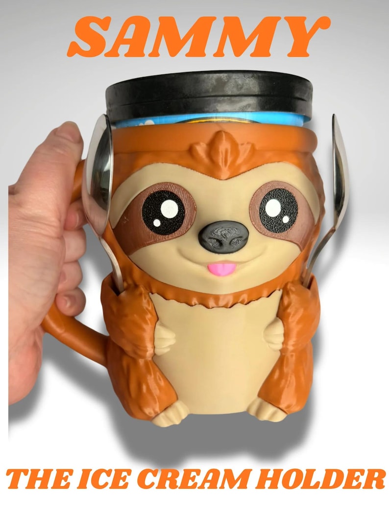 Sammy the Sloth Ice Cream Holder - 3D Printed Cute Ice Pint Holder image 1