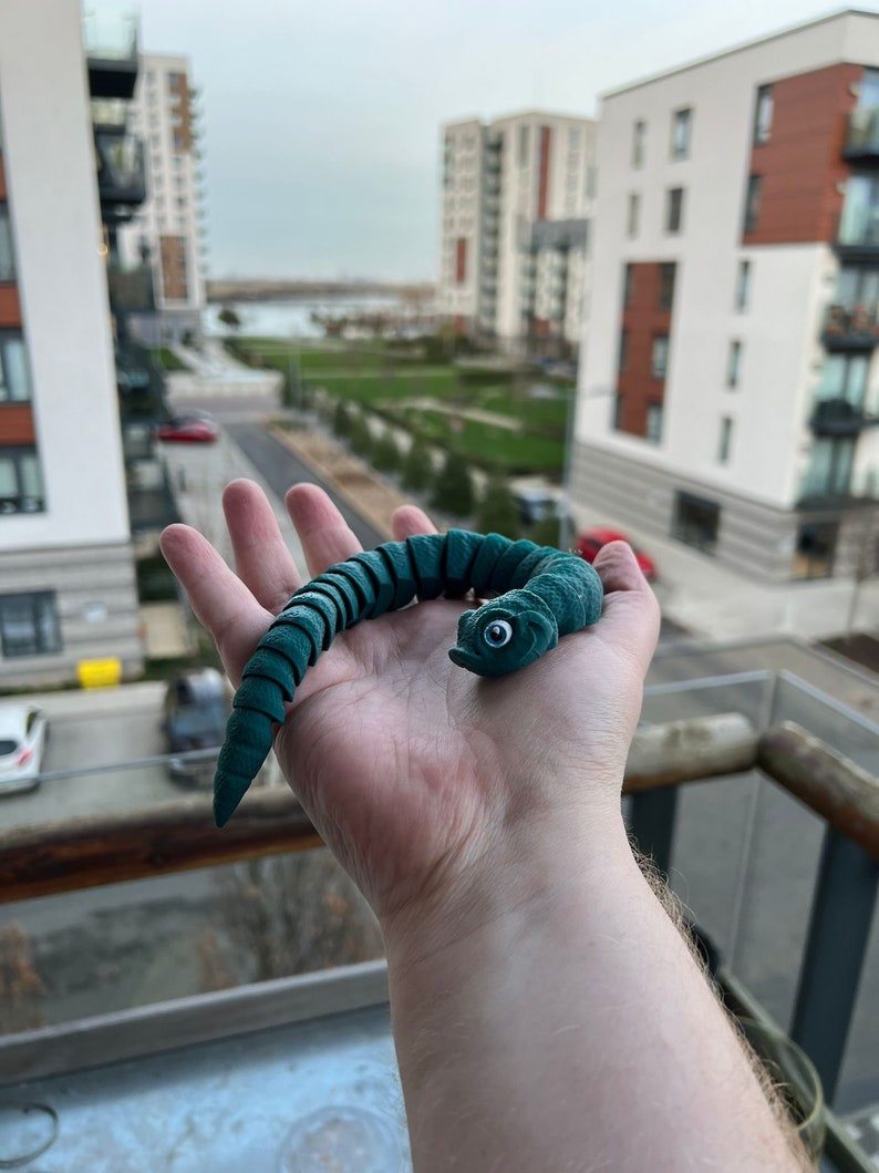 May include: A green segmented toy snake with a large eye and a toothy grin. The snake is curled up in a person's hand.