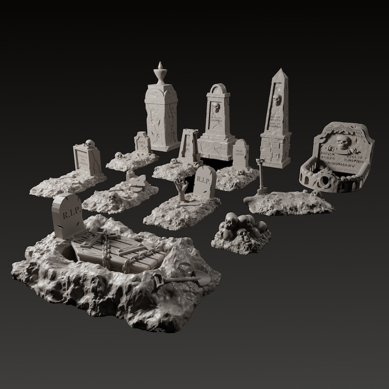 May include: A set of 12 miniature gray painted tombstones and grave markers, including a coffin, skulls, and a hand reaching out of the ground. The tombstones have various inscriptions, including "R.I.P." and "Here Lies...".