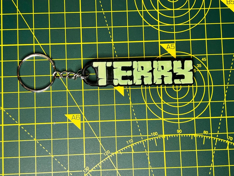Może przedstawiać: Prostokątny brelok do kluczy z napisem "TERRY" w jasnozielonych blokowych literach obrysowanych na czarno. Brelok jest przymocowany do srebrnego metalowego k&oacute;łka i łańcuszka. Tło to zielona mata do cięcia.