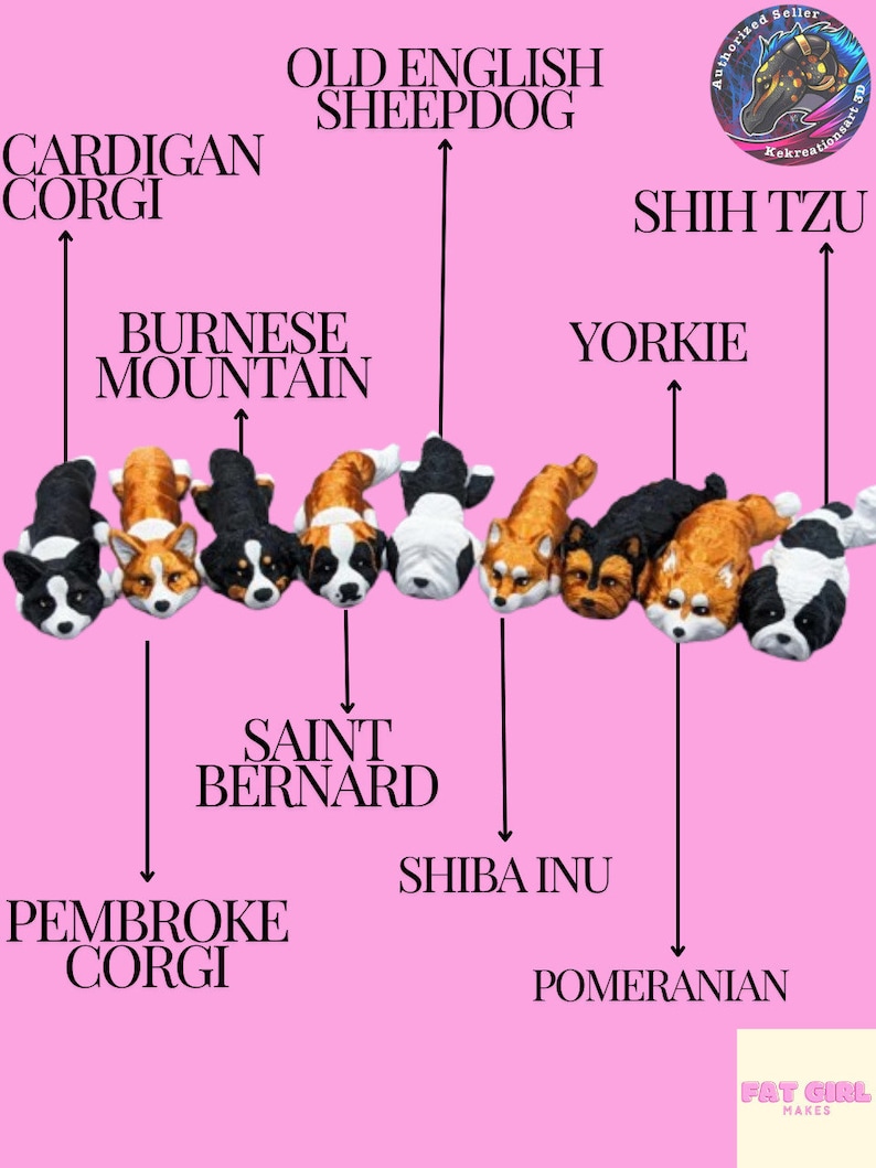 May include: A chart showing different dog breeds with their names listed below each dog. The dogs are illustrated as cartoon-like figures with a pink background.