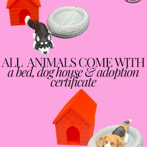 May include: A 3D printed dog house, bed, and dog figurine. The dog is laying in the bed. The text "ALL ANIMALS COME WITH a bed, dog house & adoption certificate" is on a pink background.