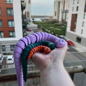 May include: Three colorful, segmented, bendable toys resembling worms. The largest worm is purple, the middle worm is green, and the smallest worm is orange. The worms are held in a person's hand.