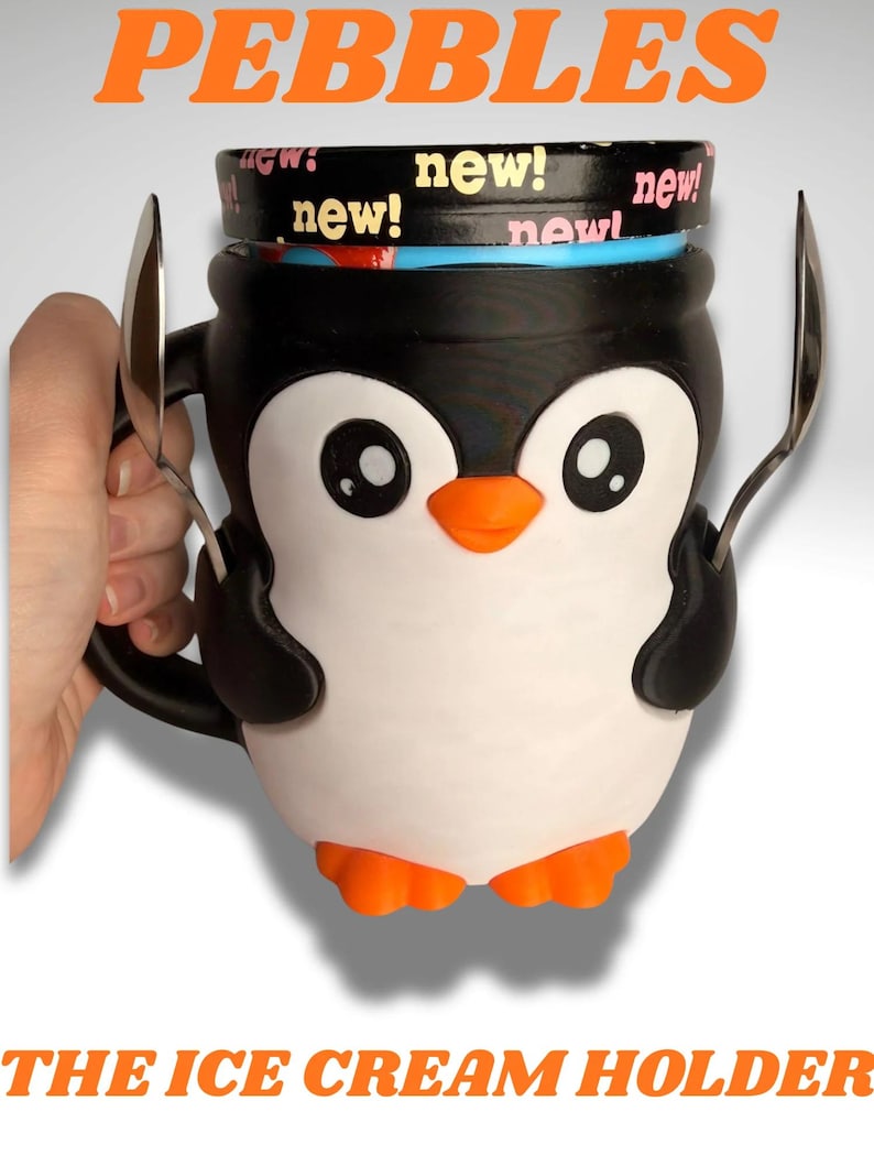 Pebble the Penguin Ice Cream Holder - 3D Printed Cute Ice Pint Holder image 1